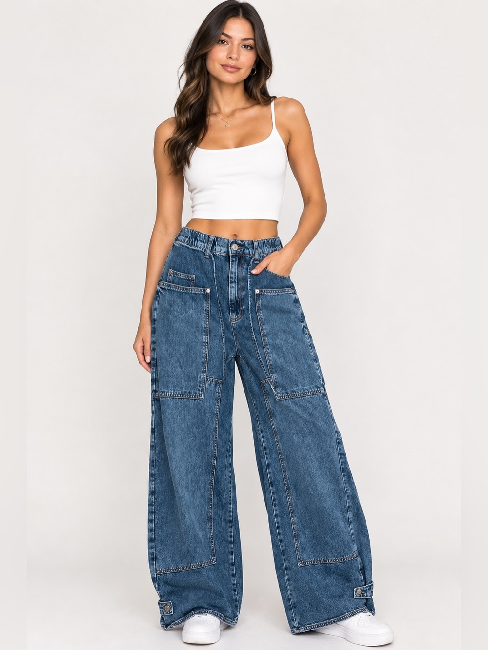 Free People Blue Patchwork Wide-Leg Jeans
